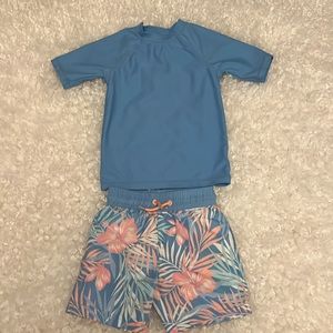 Toddler boys swim trucks with swim shirt
